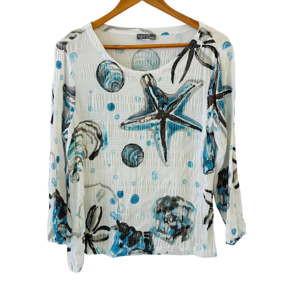Dolcezza Simply Art Seashell Starfish Top Womens S Crinkle Coastal Beach